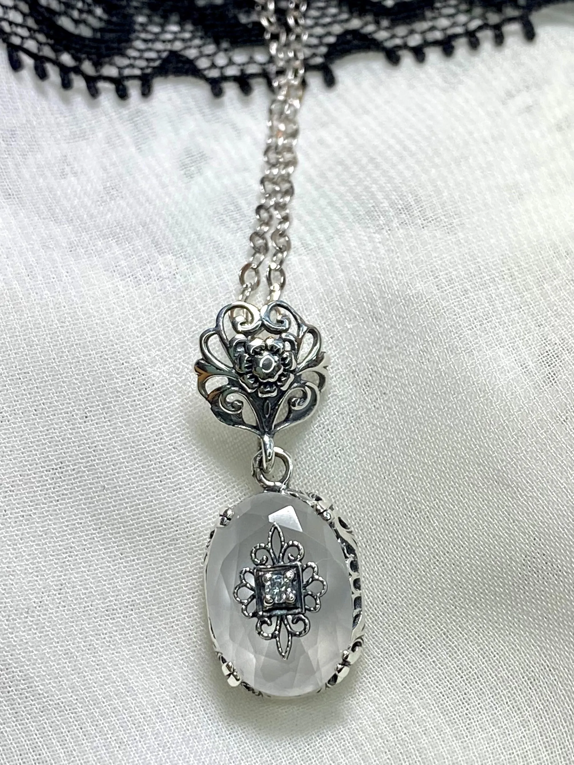 Camphor Glass Pendant, Embellished Edwardian Necklace #P70e