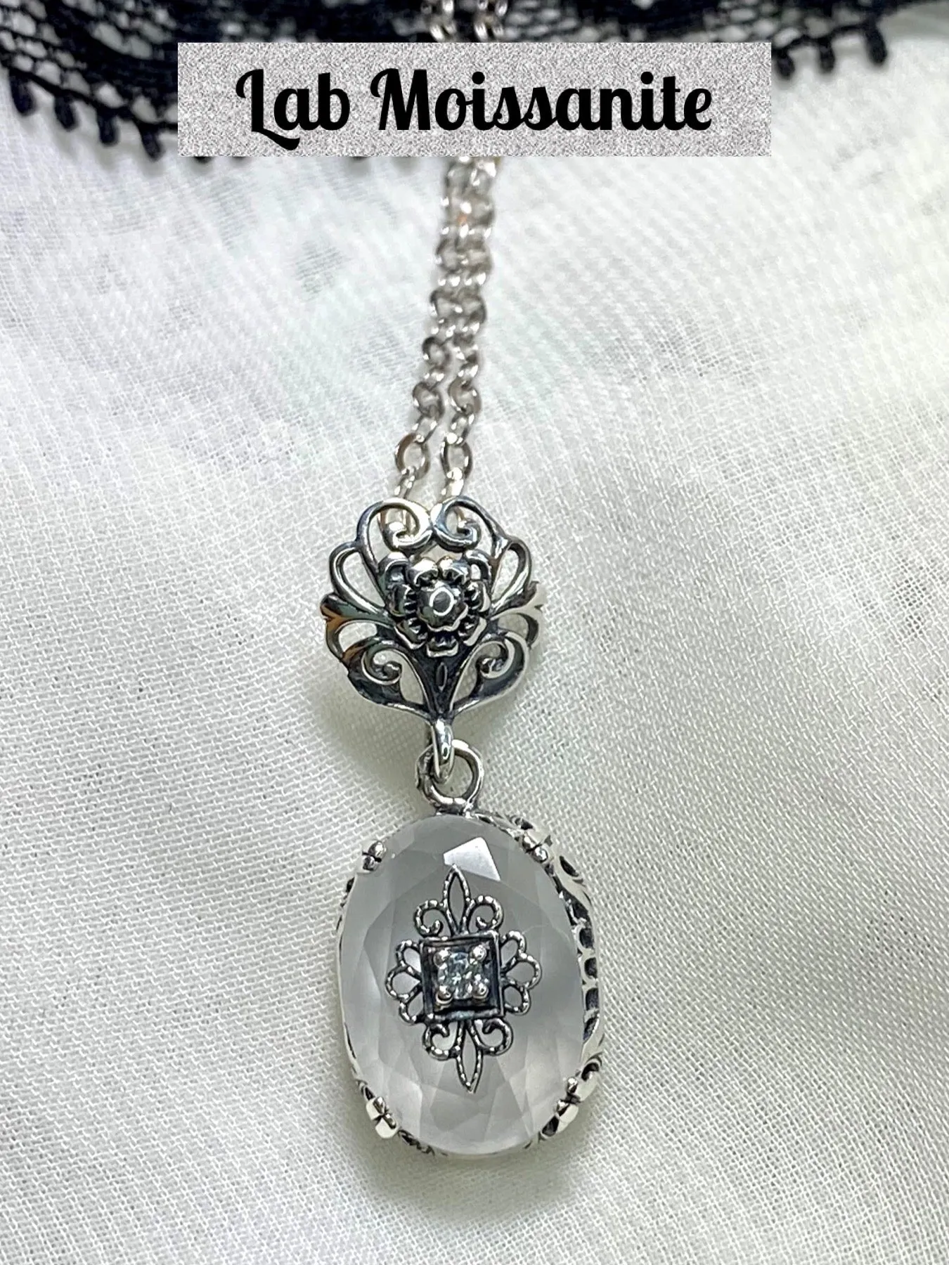 Camphor Glass Pendant, Embellished Edwardian Necklace #P70e