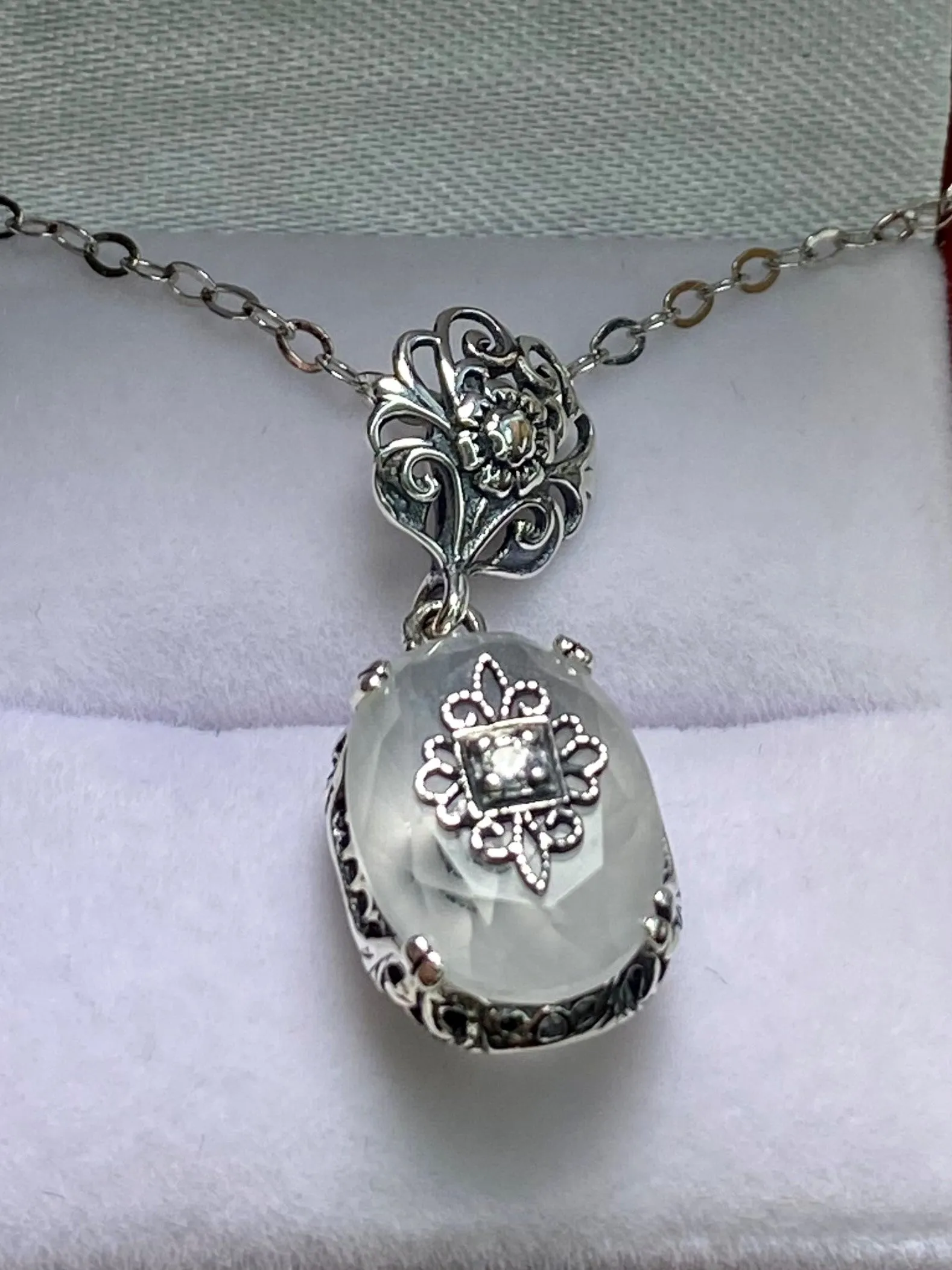 Camphor Glass Pendant, Embellished Edwardian Necklace #P70e