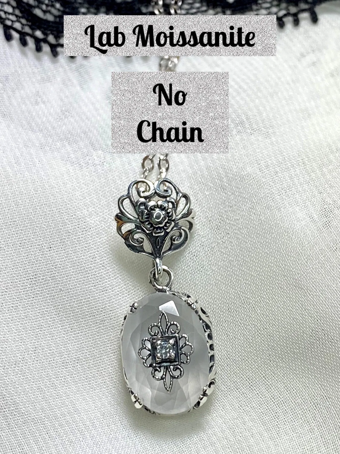 Camphor Glass Pendant, Embellished Edwardian Necklace #P70e