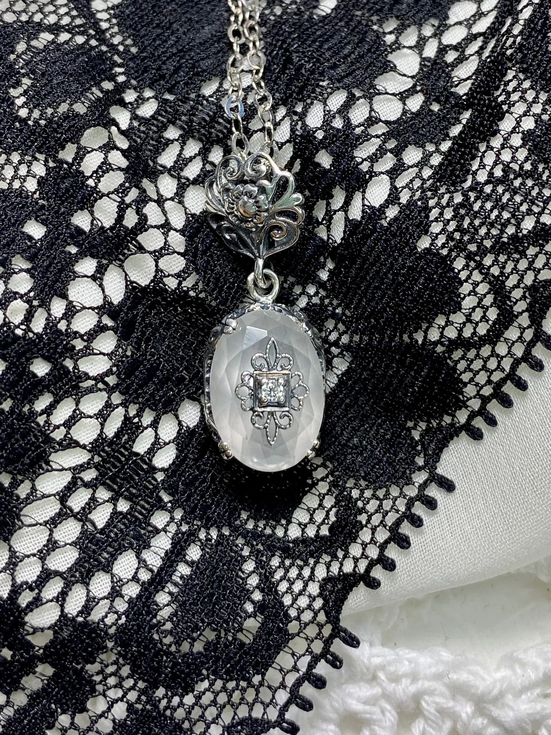 Camphor Glass Pendant, Embellished Edwardian Necklace #P70e