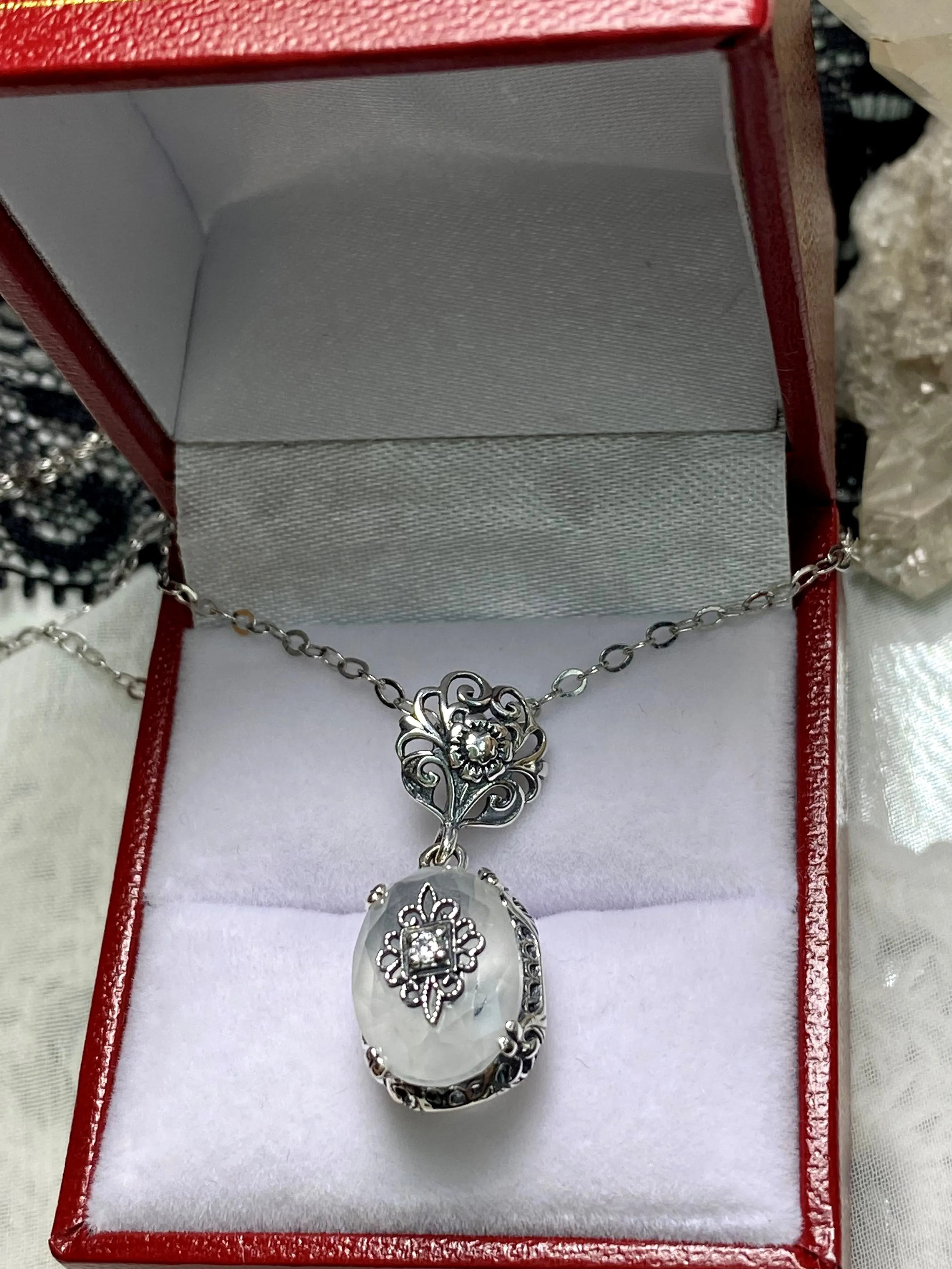 Camphor Glass Pendant, Embellished Edwardian Necklace #P70e