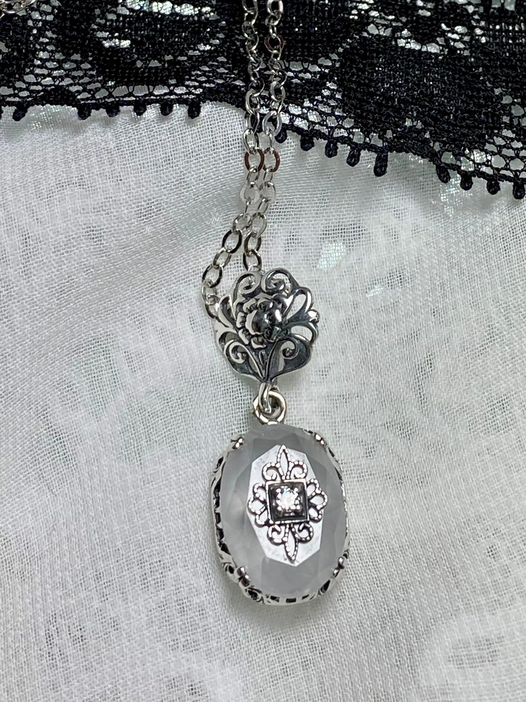 Camphor Glass Pendant, Embellished Edwardian Necklace #P70e