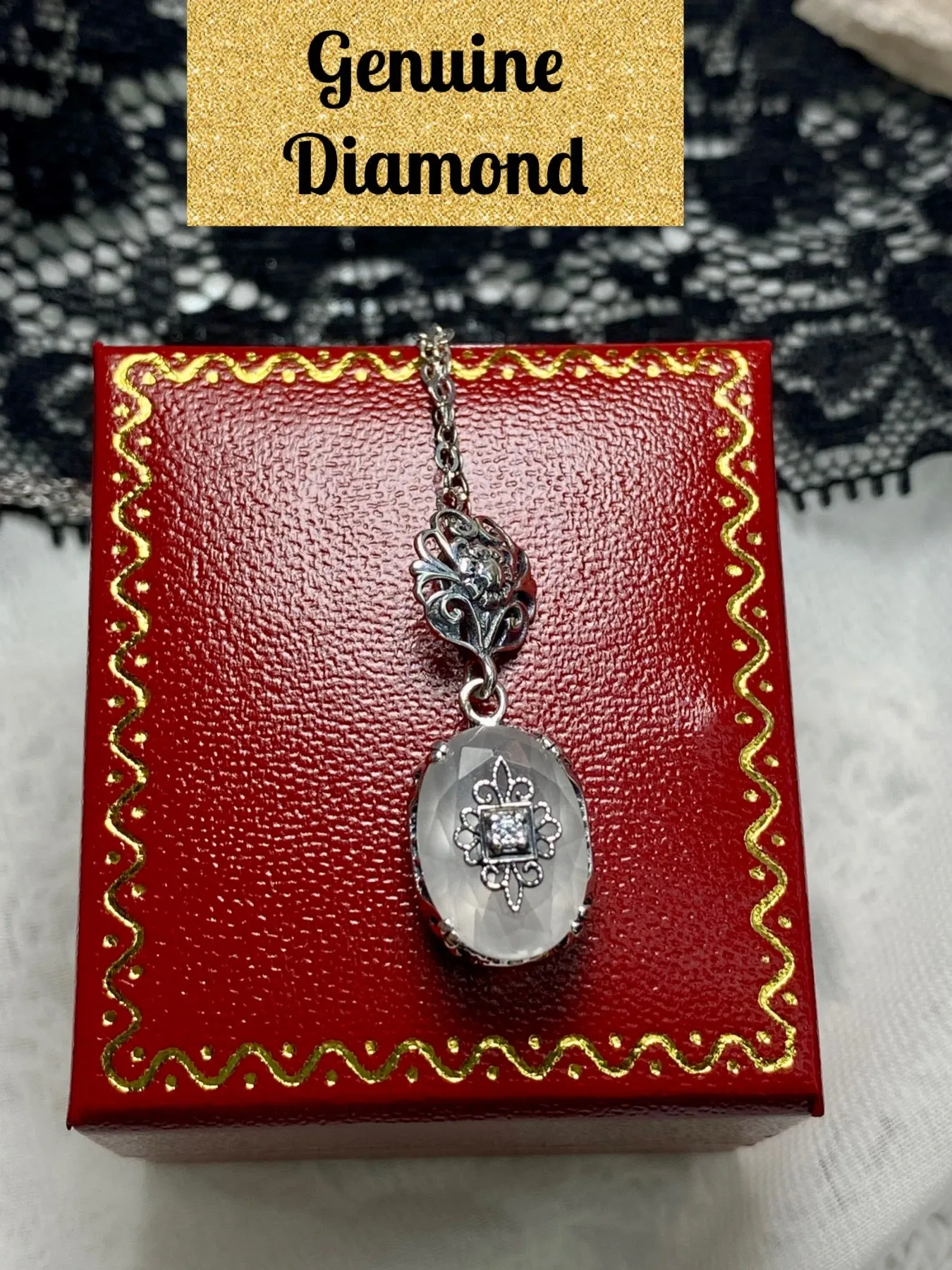 Camphor Glass Pendant, Embellished Edwardian Necklace #P70e
