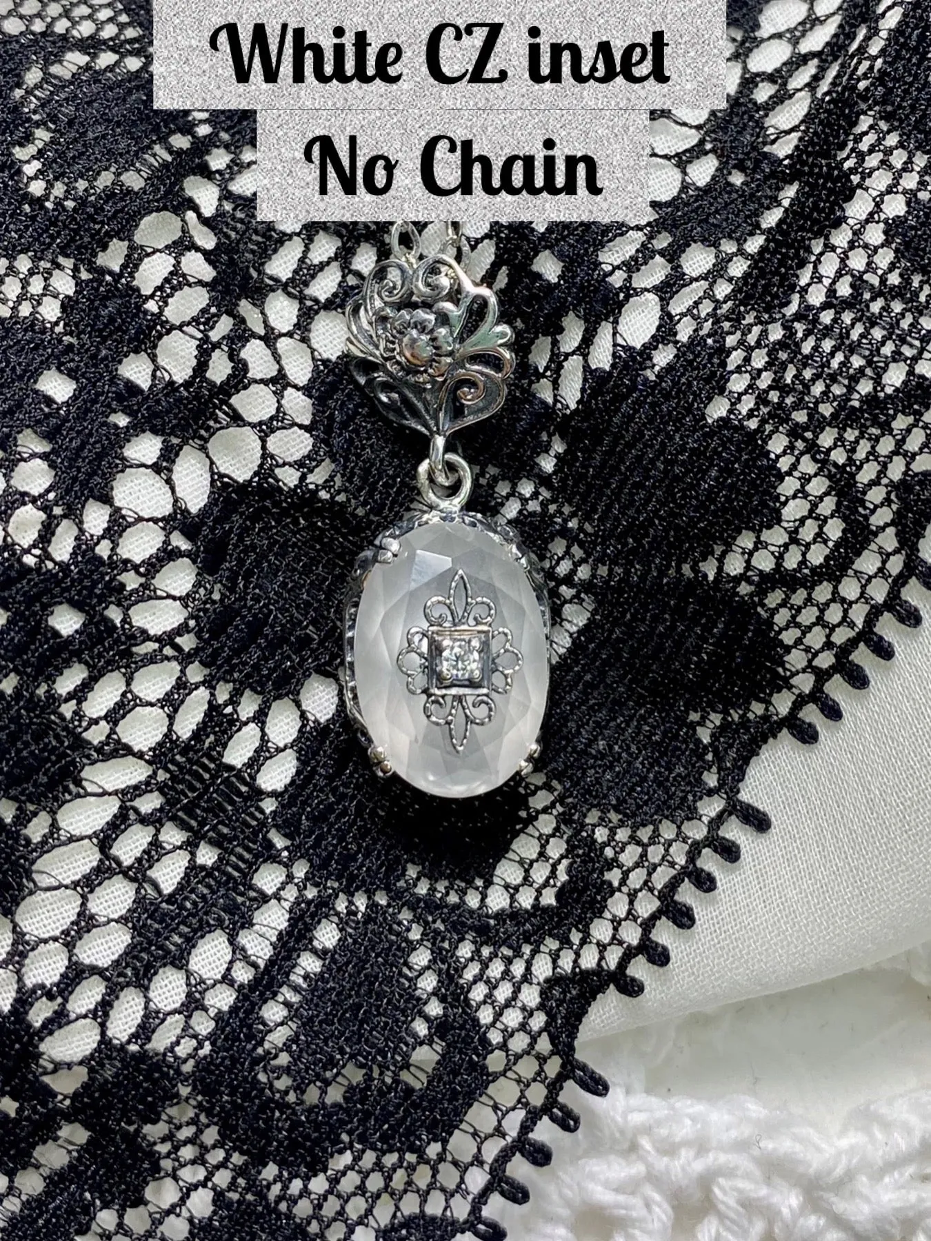 Camphor Glass Pendant, Embellished Edwardian Necklace #P70e