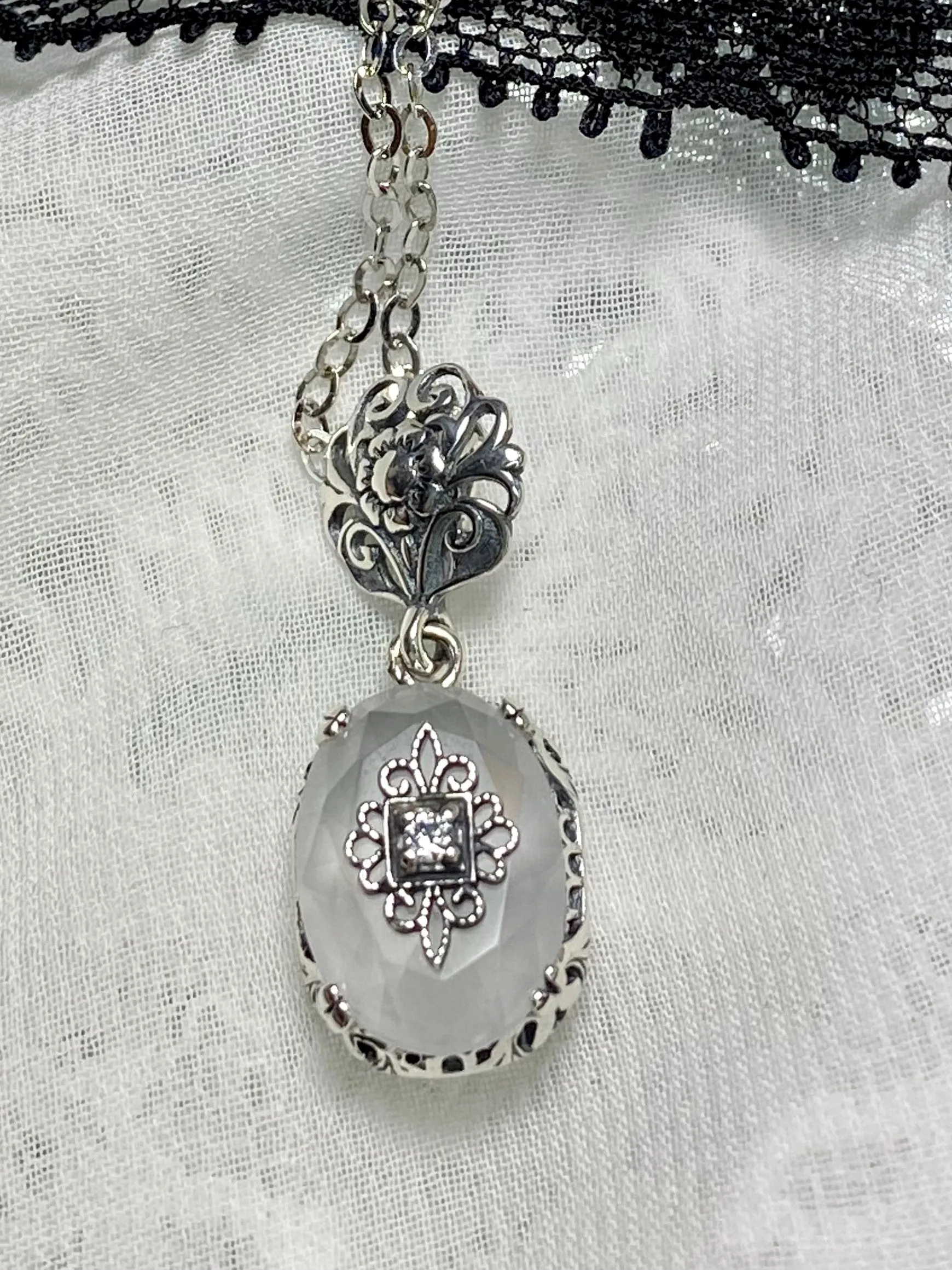 Camphor Glass Pendant, Embellished Edwardian Necklace #P70e