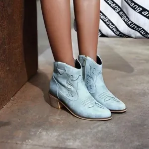 Customized PU Solid Color Embroidered Ankle Boots