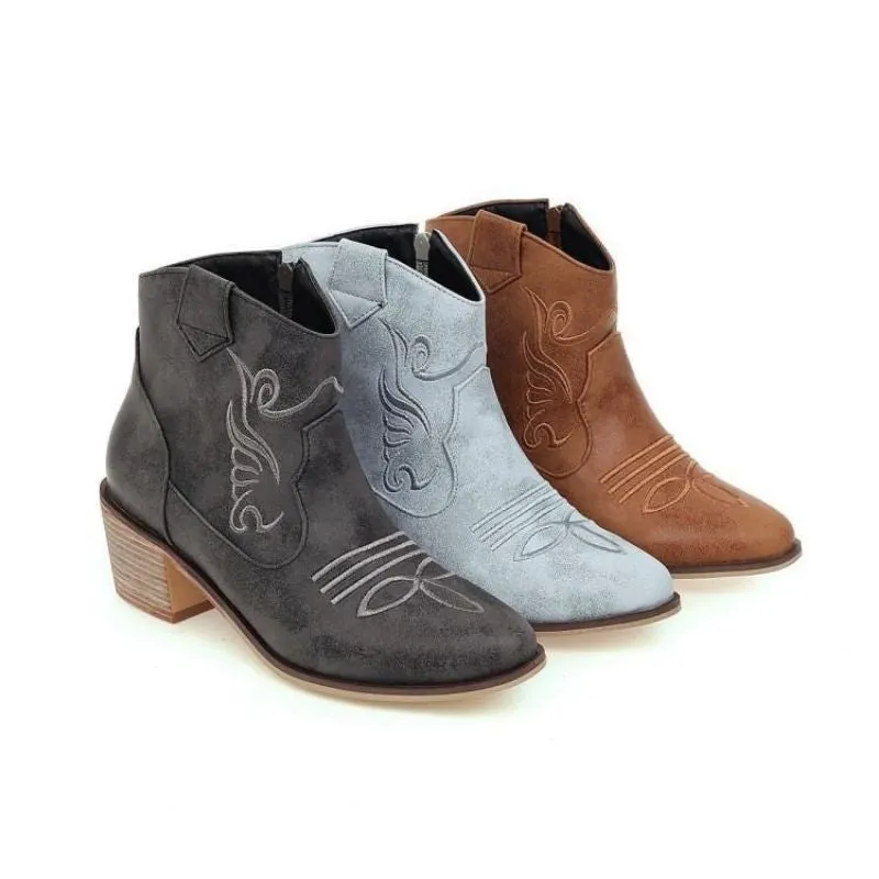 Customized PU Solid Color Embroidered Ankle Boots