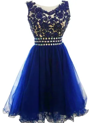 Cute Blue Knee Length Round Neckline Beade Party Dress, Blue Homecoming Dress