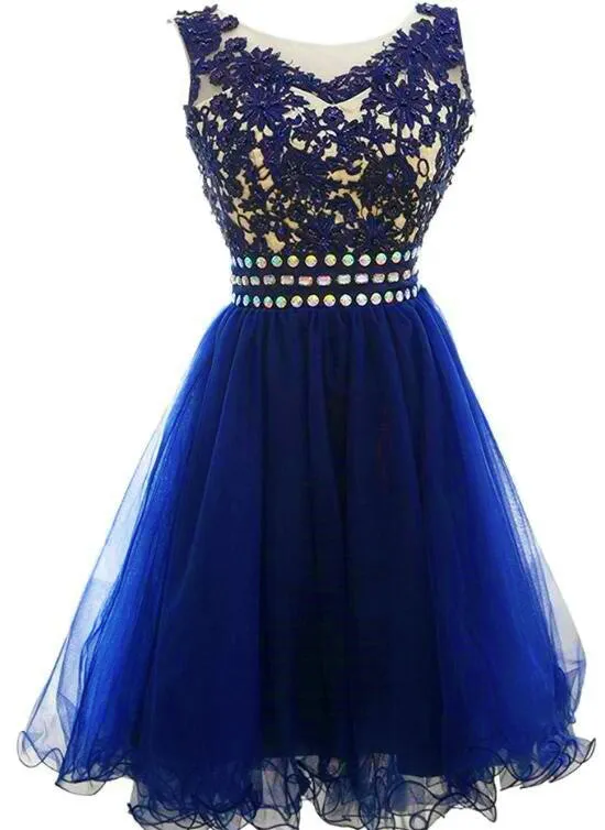 Cute Blue Knee Length Round Neckline Beade Party Dress, Blue Homecoming Dress