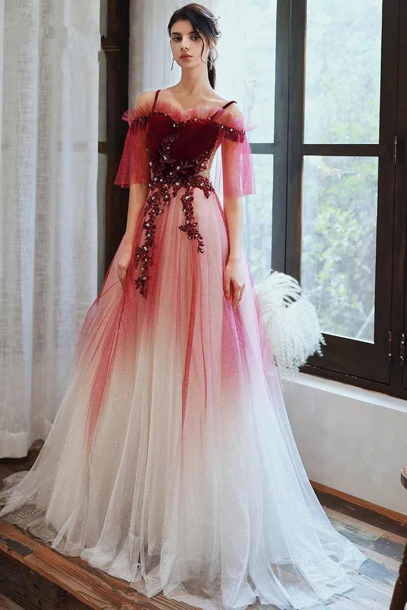Dark Red Velvet and Tulle Gradient Long Formal Gown,A-line Tulle with Lace Prom Dresses