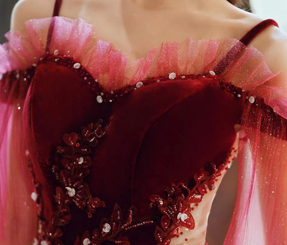 Dark Red Velvet and Tulle Gradient Long Formal Gown,A-line Tulle with Lace Prom Dresses