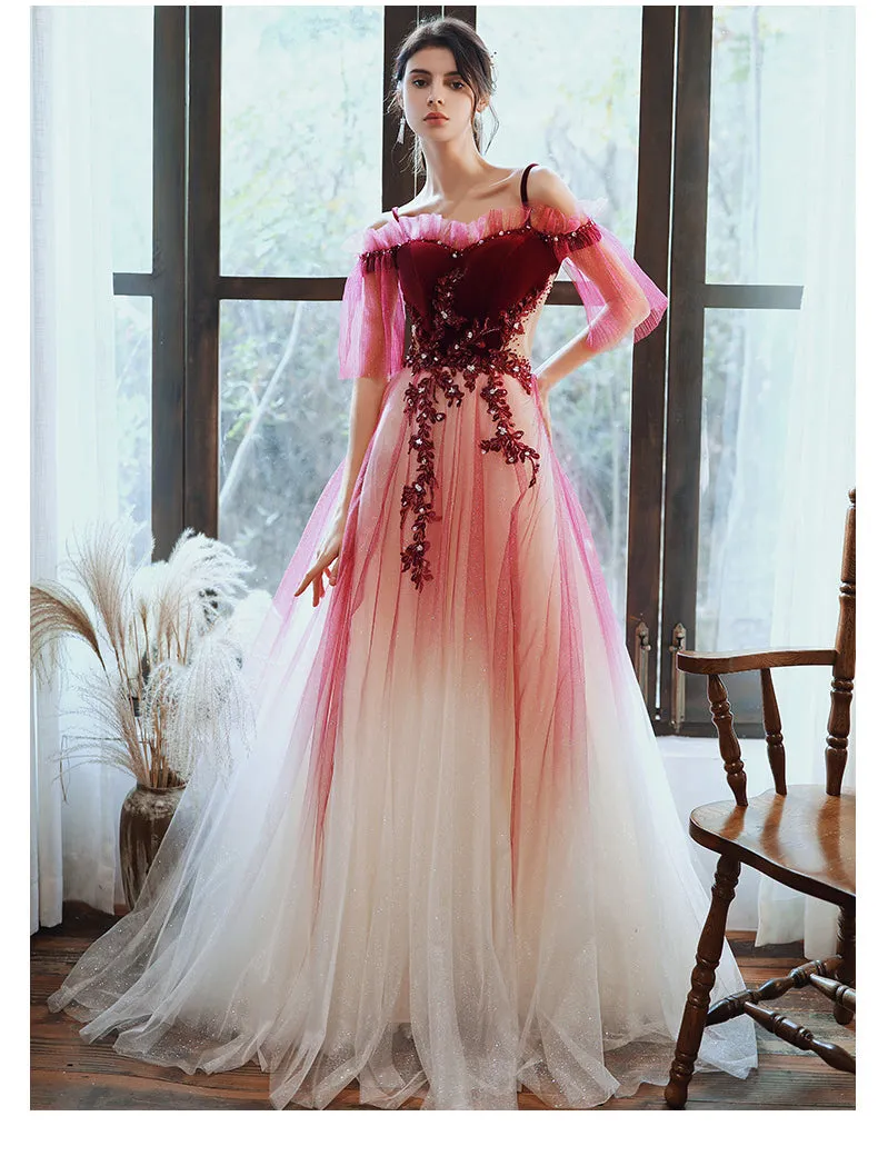 Dark Red Velvet and Tulle Gradient Long Formal Gown,A-line Tulle with Lace Prom Dresses