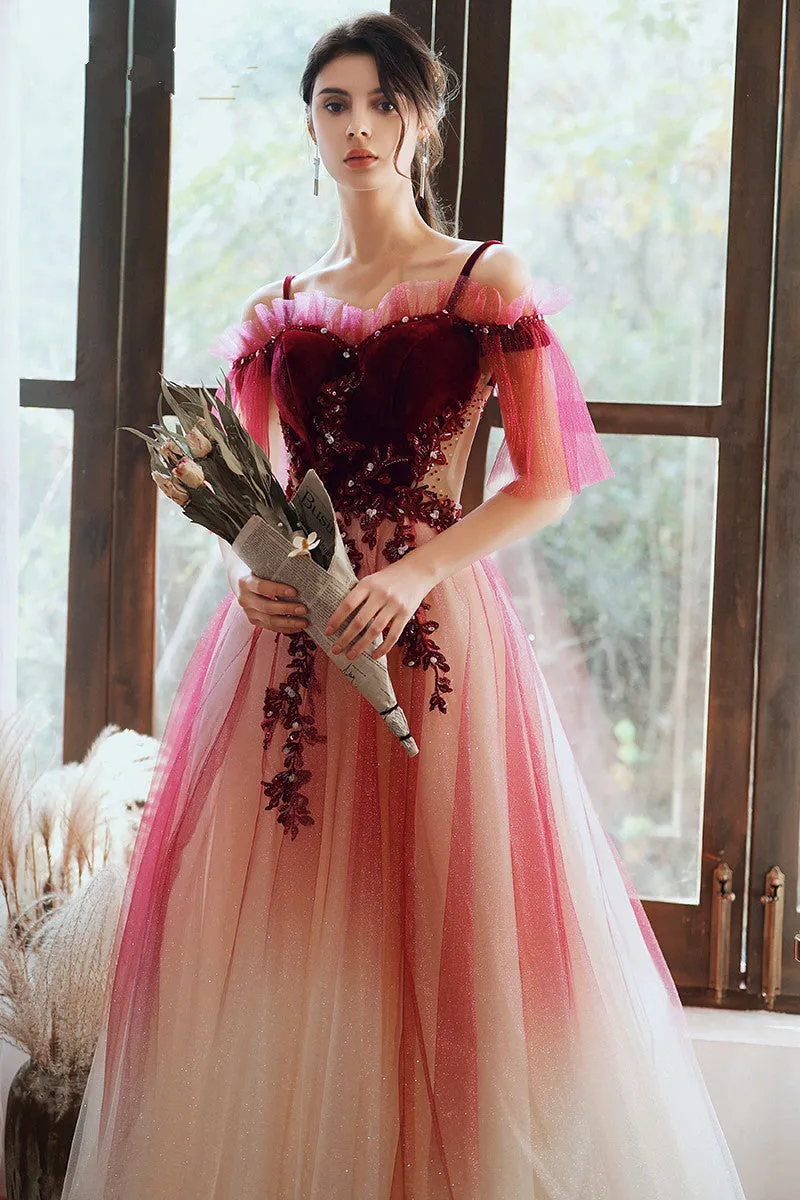 Dark Red Velvet and Tulle Gradient Long Formal Gown,A-line Tulle with Lace Prom Dresses
