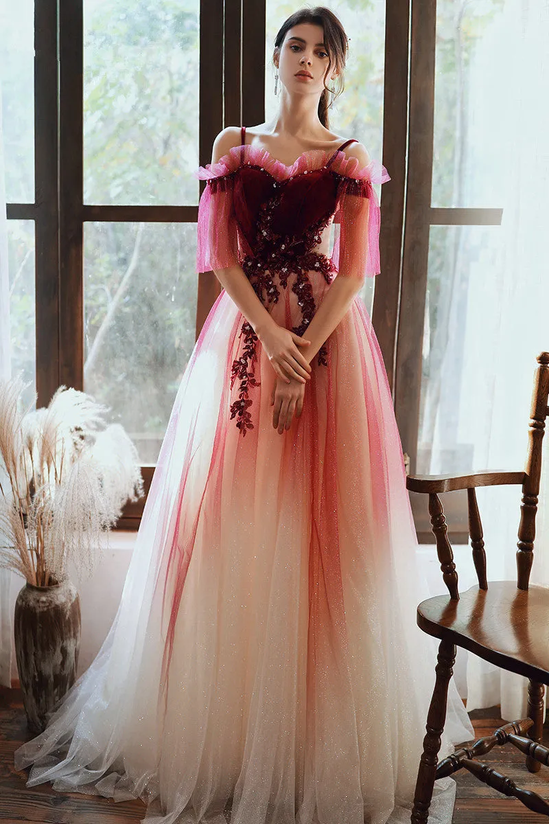 Dark Red Velvet and Tulle Gradient Long Formal Gown,A-line Tulle with Lace Prom Dresses