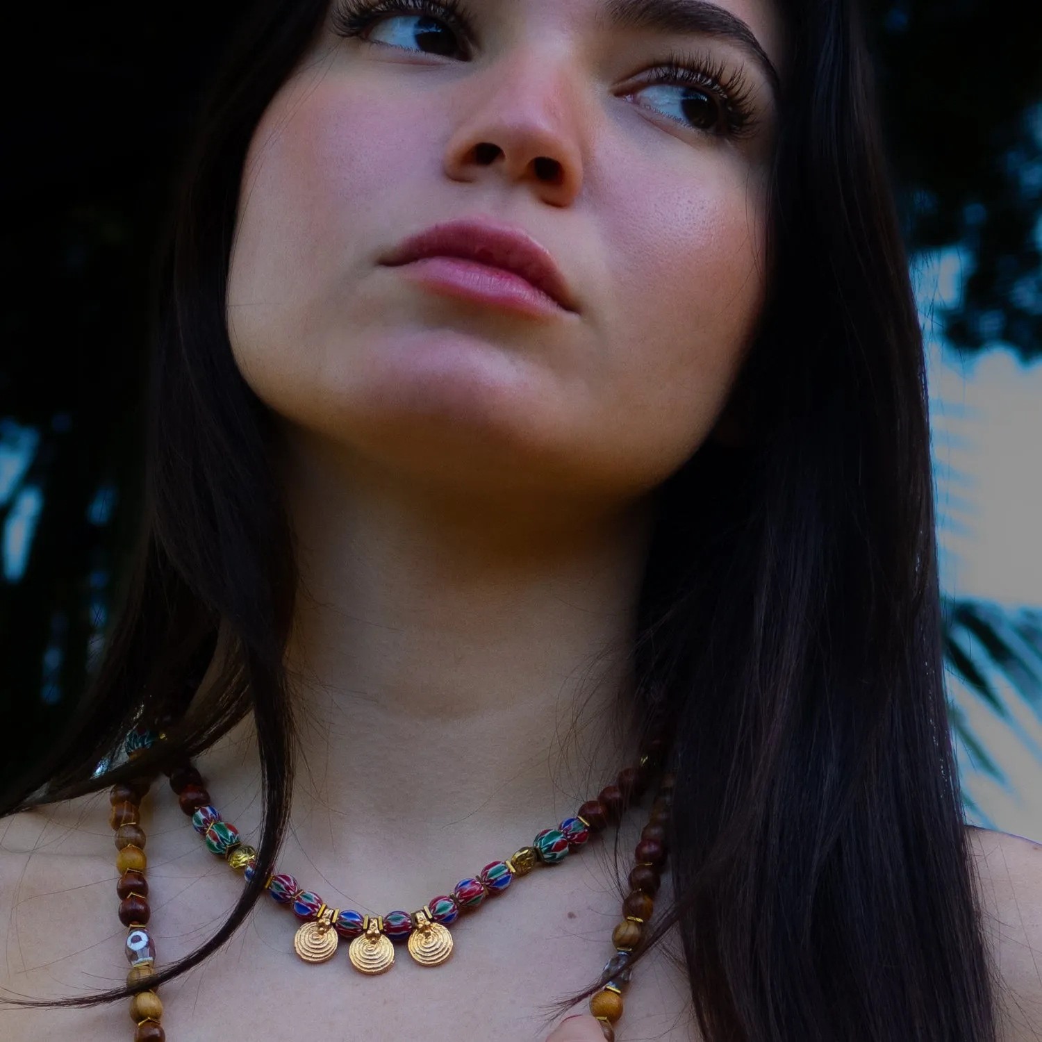 Ethnic Boho Gold Spiral Charm Beaded Choker Necklace
