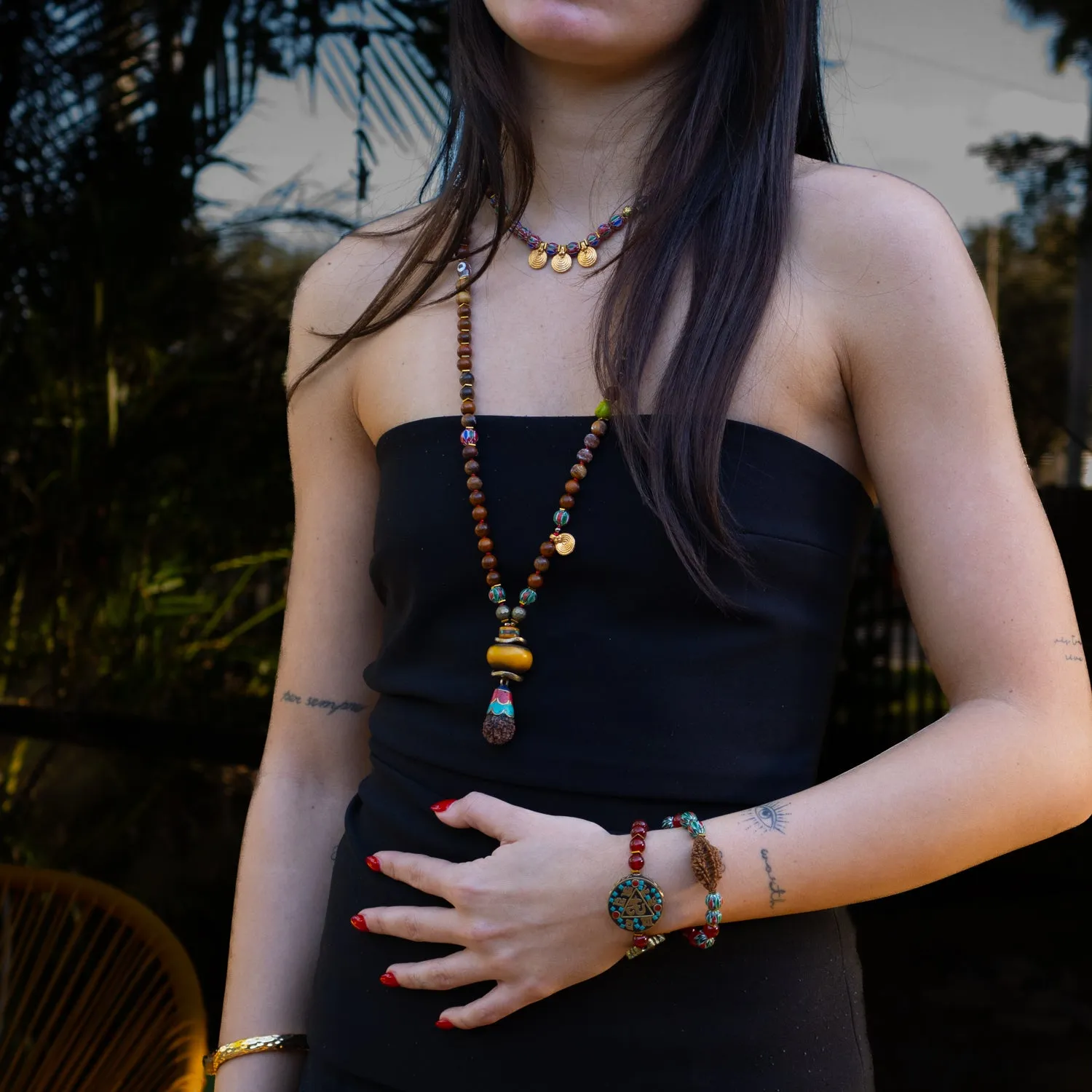 Ethnic Boho Gold Spiral Charm Beaded Choker Necklace