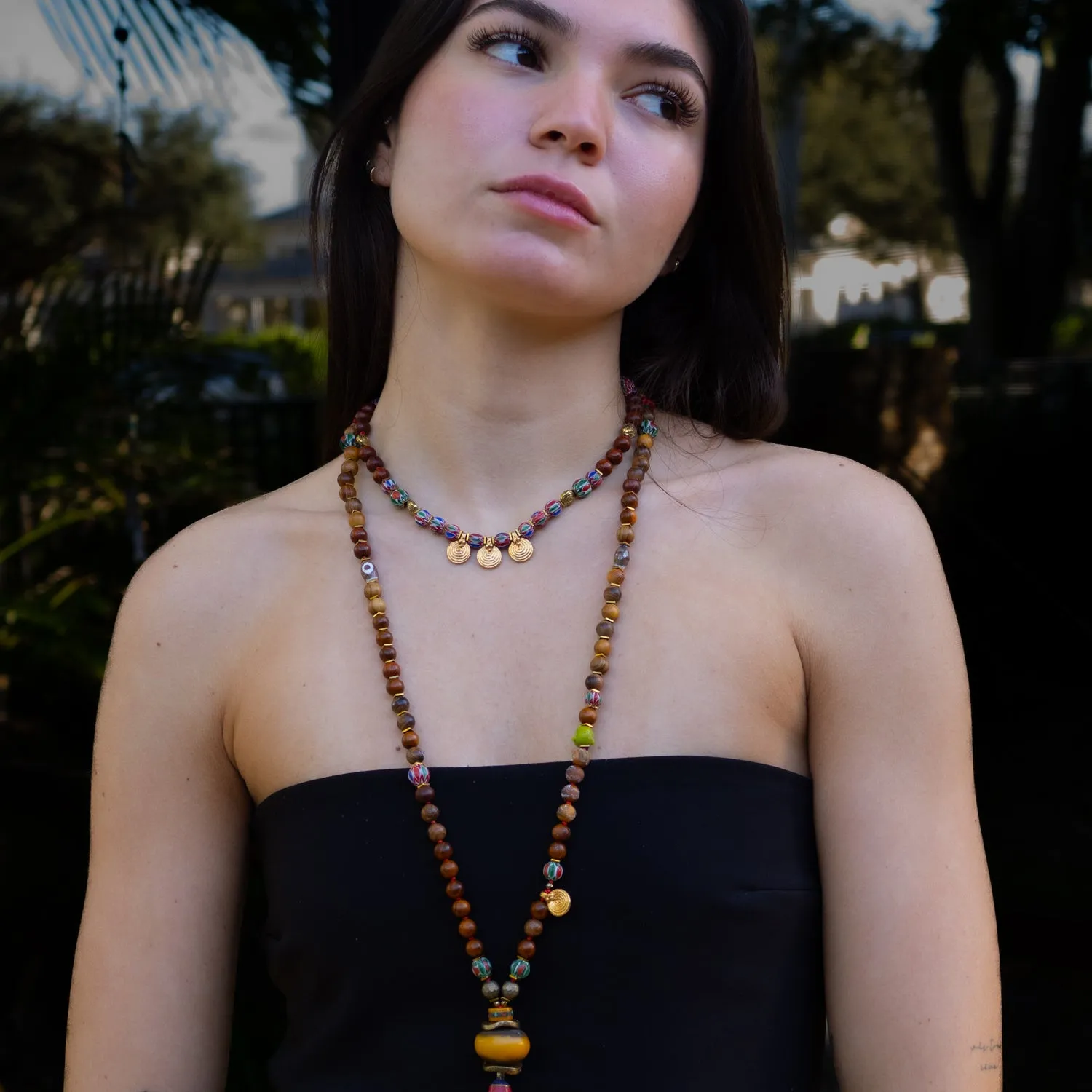 Ethnic Boho Gold Spiral Charm Beaded Choker Necklace