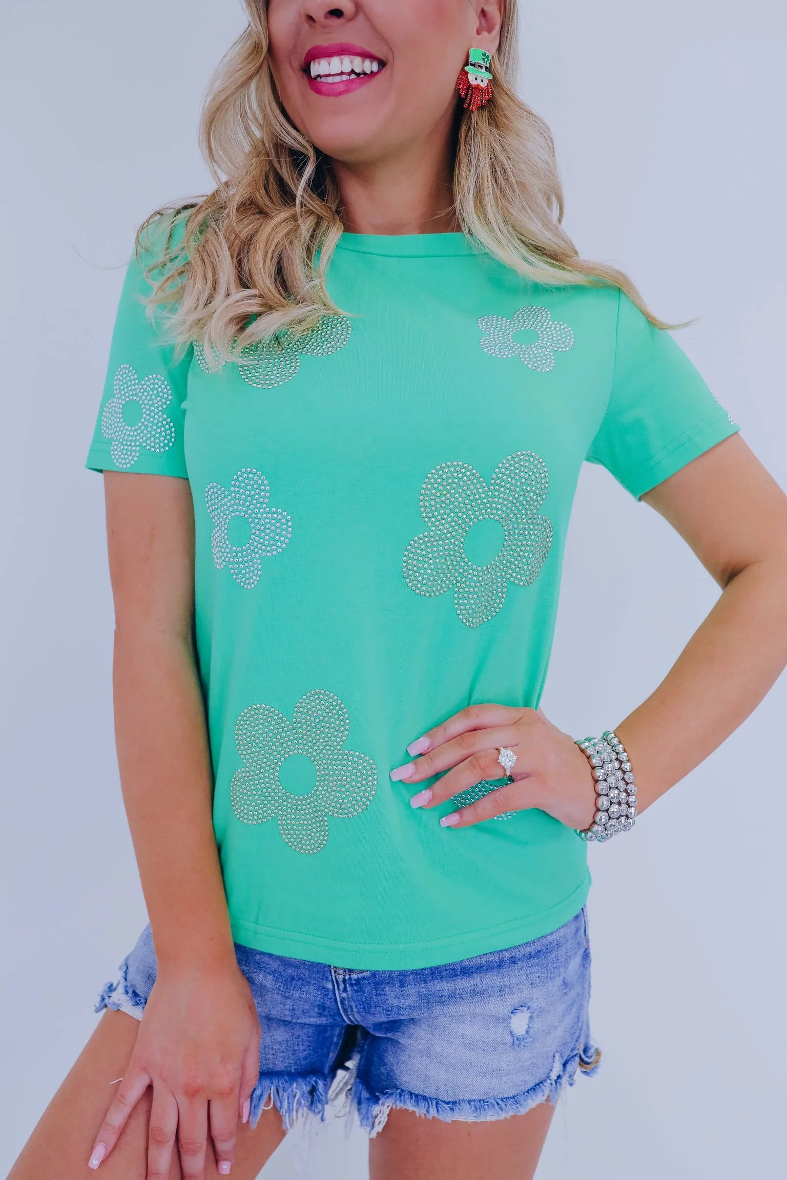 Floral Accent Studded Top - Green