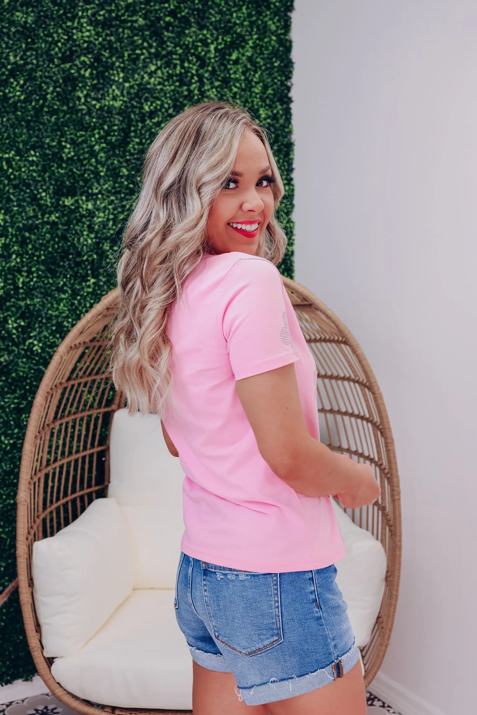 Floral Accent Studded Top - Pink