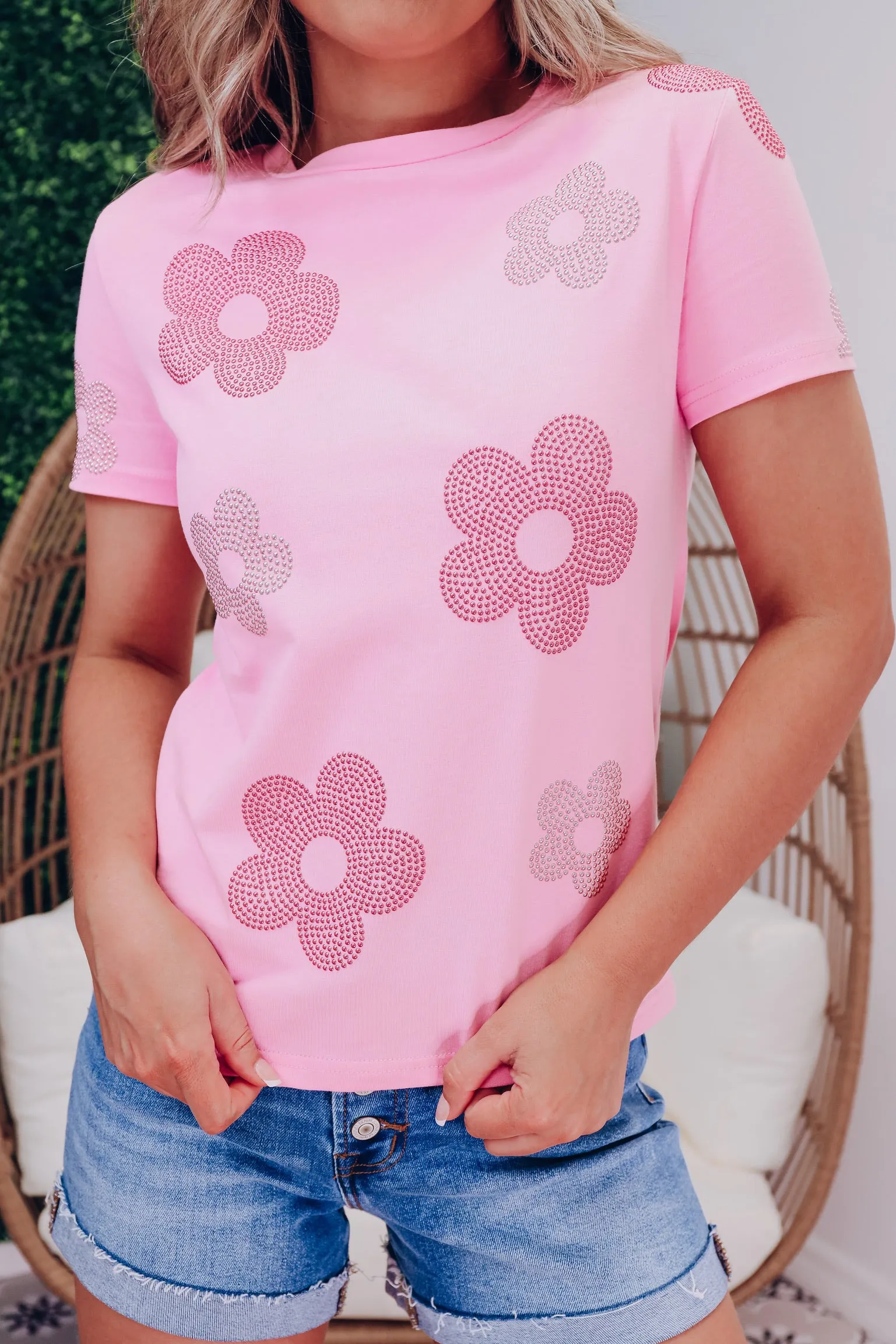 Floral Accent Studded Top - Pink