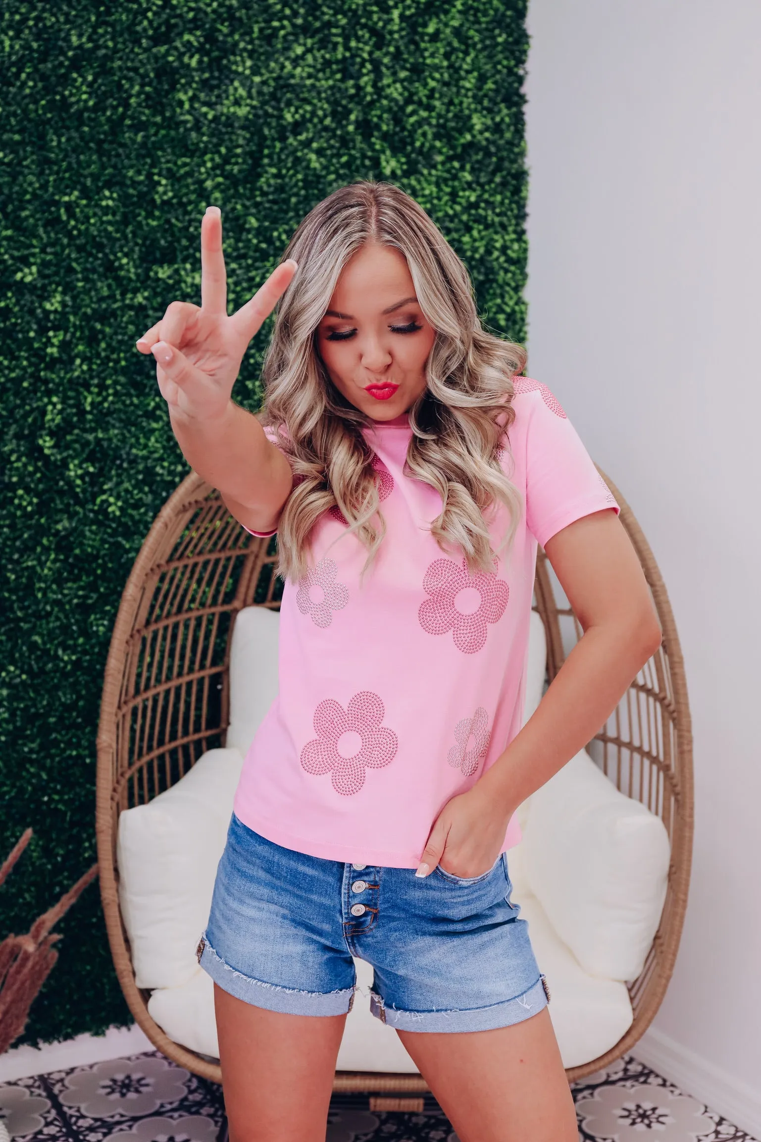 Floral Accent Studded Top - Pink