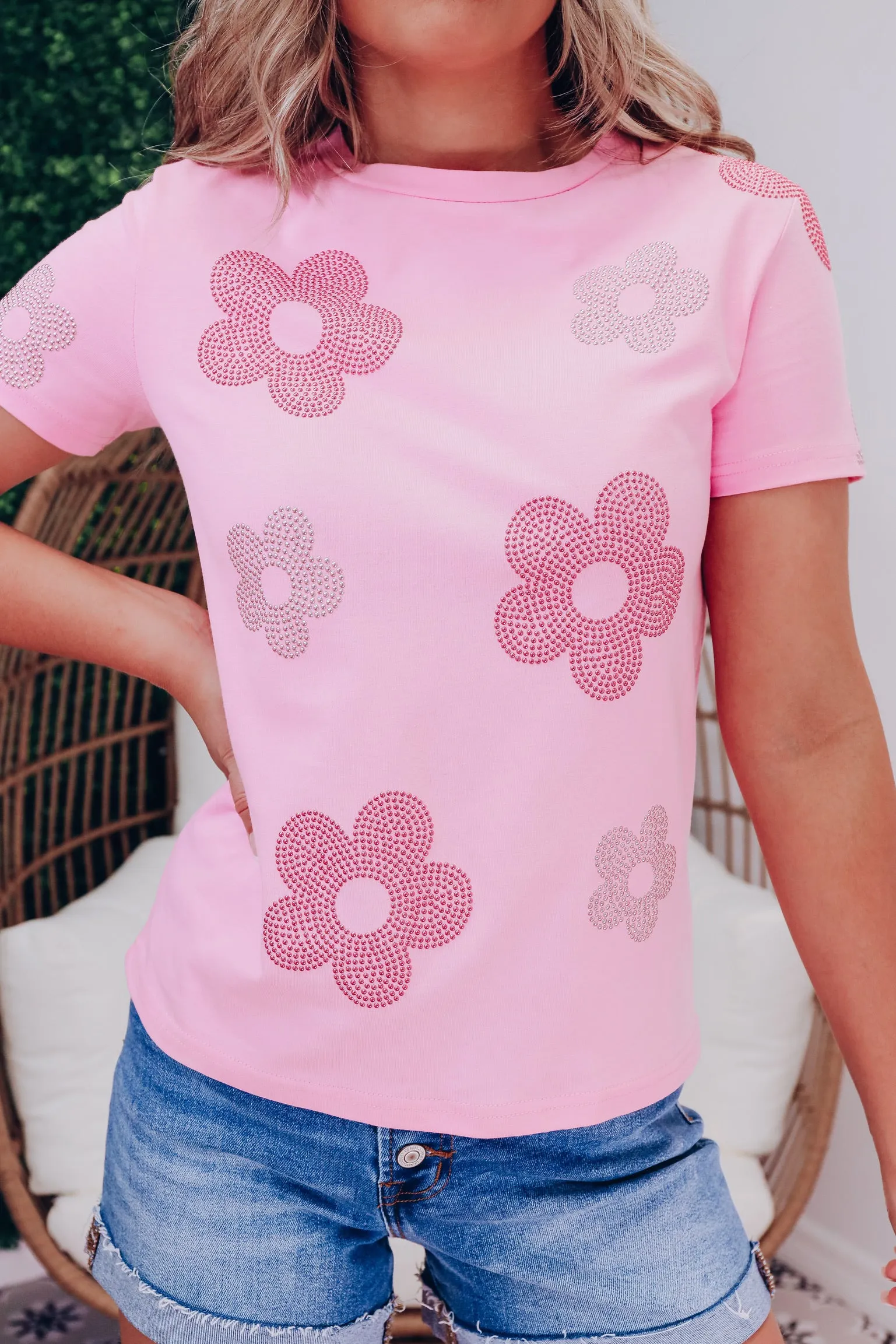 Floral Accent Studded Top - Pink