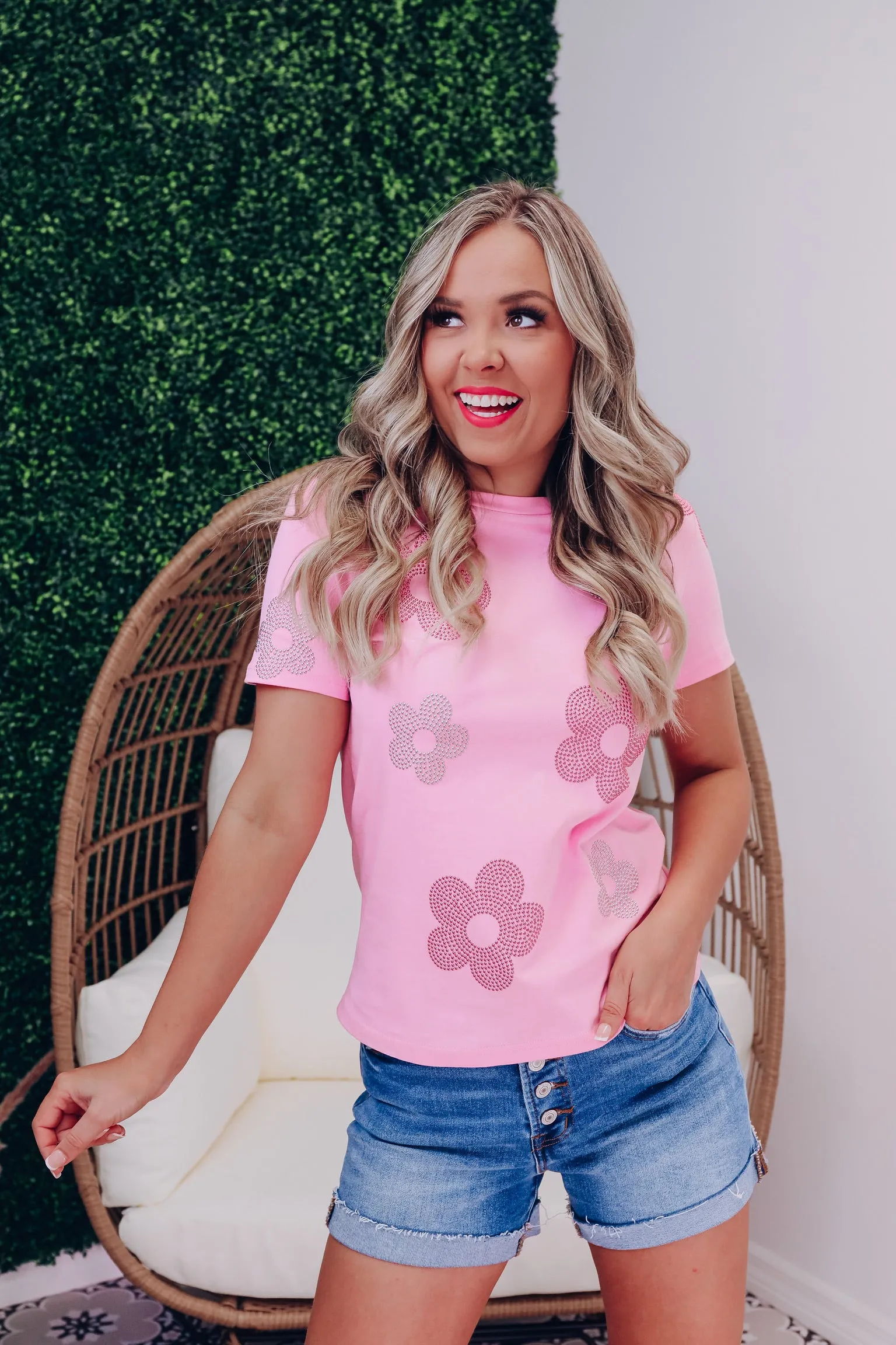 Floral Accent Studded Top - Pink