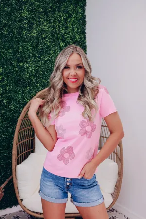 Floral Accent Studded Top - Pink
