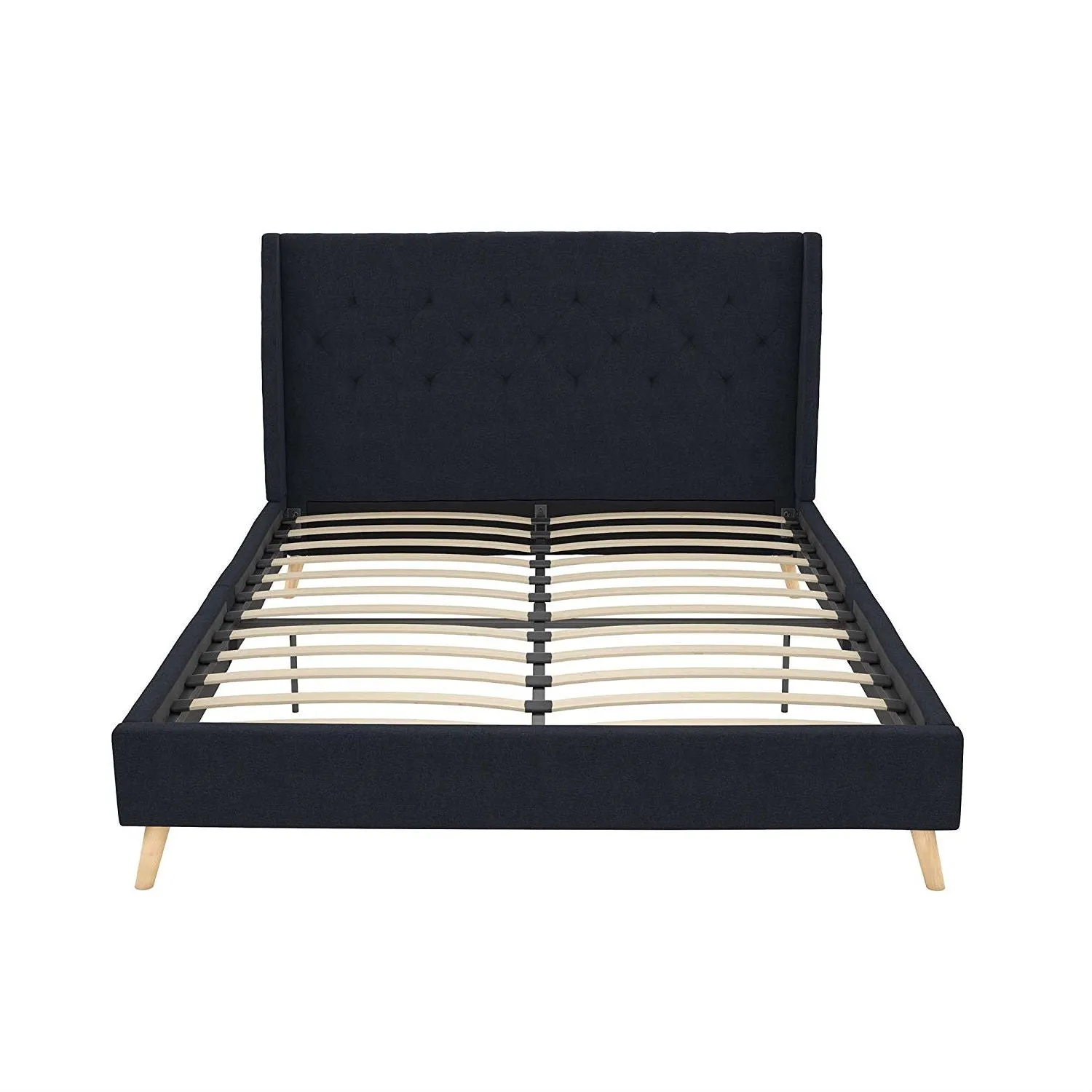 Full size Navy Blue Linen Upholstered Mid-Century Modern Wingback Platform Bed