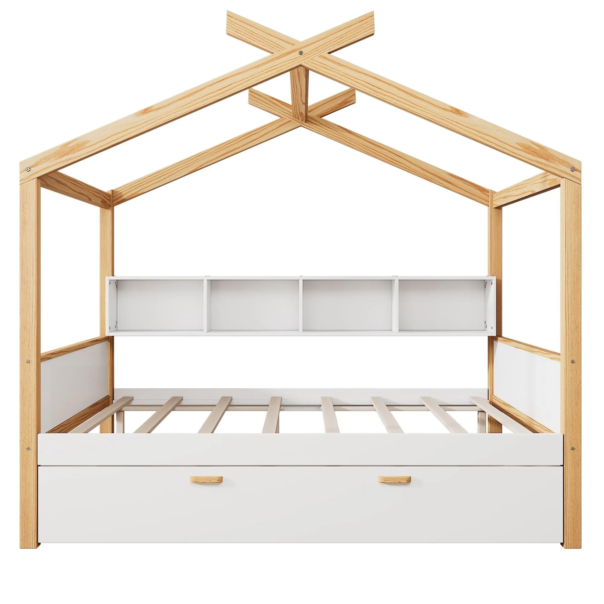 Full Size Wooden House Bed Original Wood Colored Frame with Two