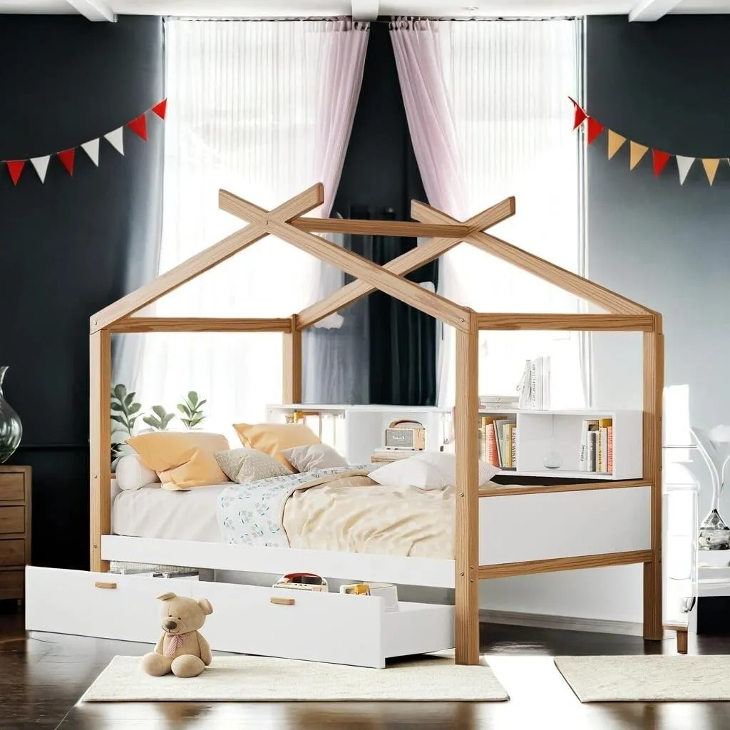 Full Size Wooden House Bed Original Wood Colored Frame with Two