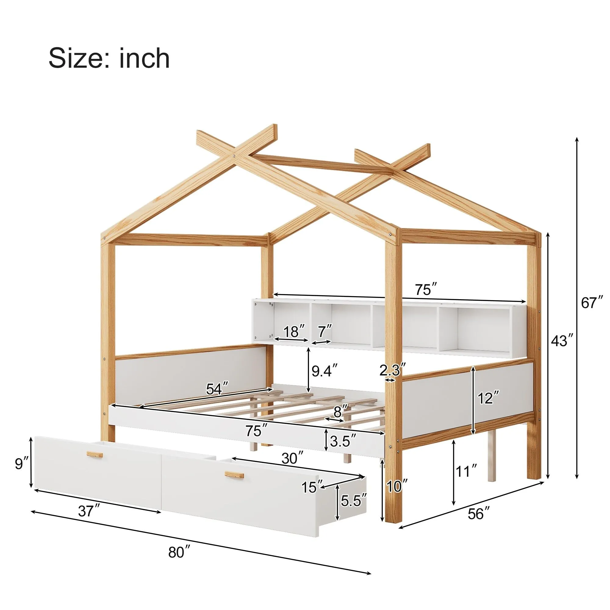 Full Size Wooden House Bed Original Wood Colored Frame with Two