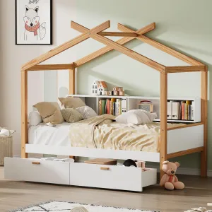 Full Size Wooden House Bed Original Wood Colored Frame with Two