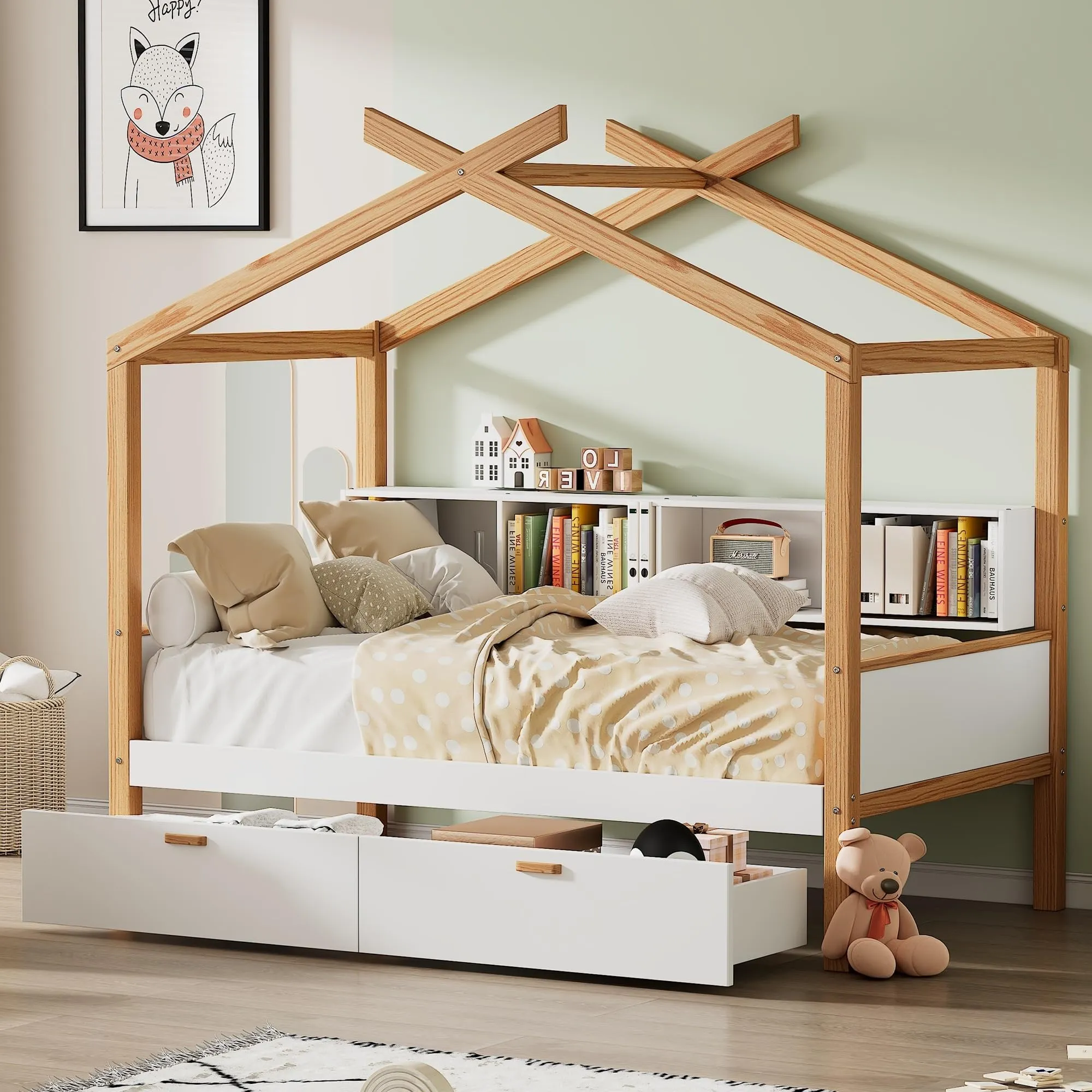 Full Size Wooden House Bed Original Wood Colored Frame with Two