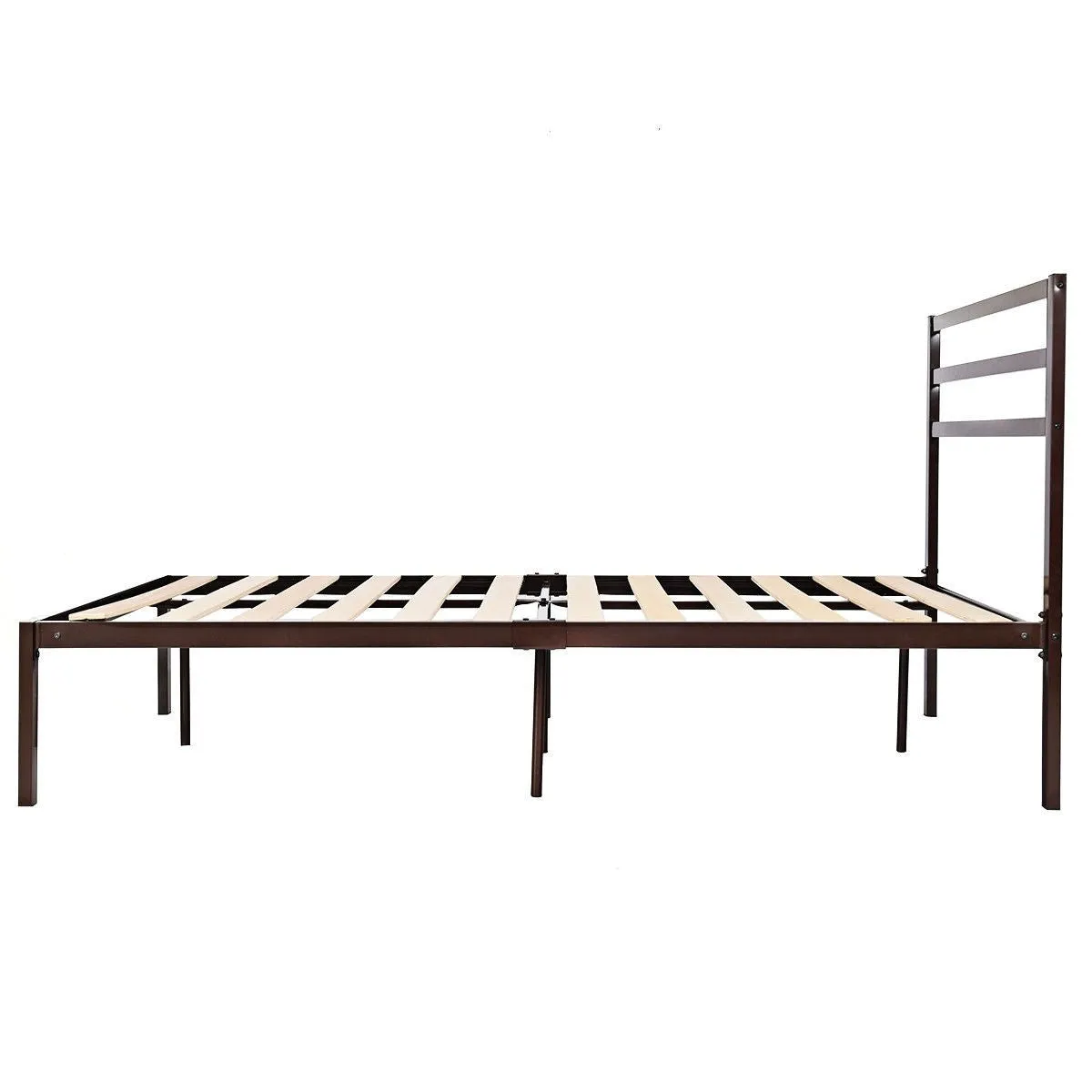 Full Steel Platform Bed Frame with Headboard in Dark Brown Metal Finish