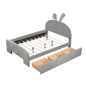Full Velvet Platform Bed with Bunny Ears Headboard Wooden Frame