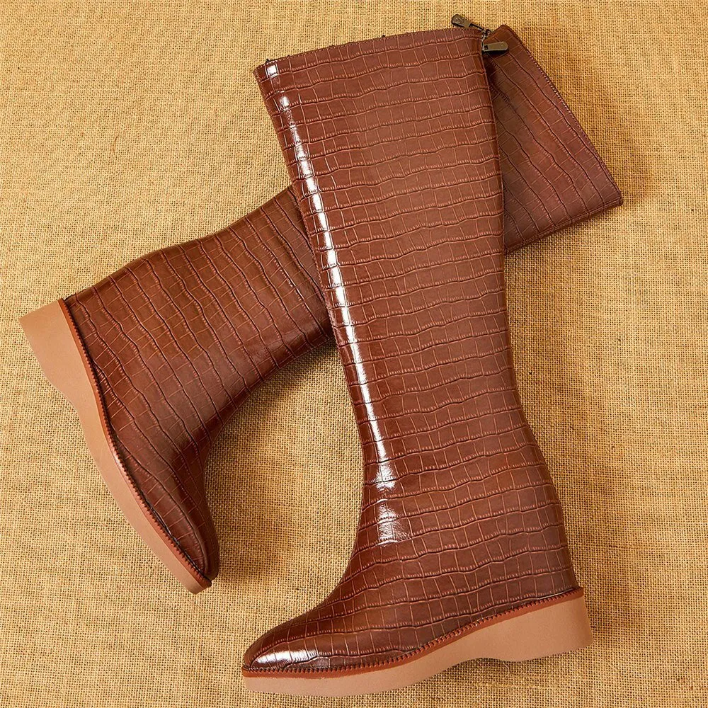 Genuine Leather Wedges High Heel Knee High Motorcycle Boots Female Winter