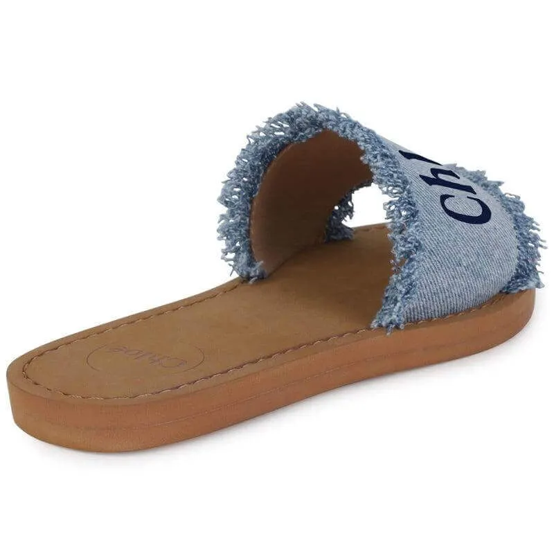 Girls Logo Print Denim Fringed Sandals
