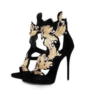 Gold Metallic Leaf Decor High Heel Sandals For Women Peep Toe Crystal Dress Shoes Black Suede Stiletto Heels Pumps Real Photo