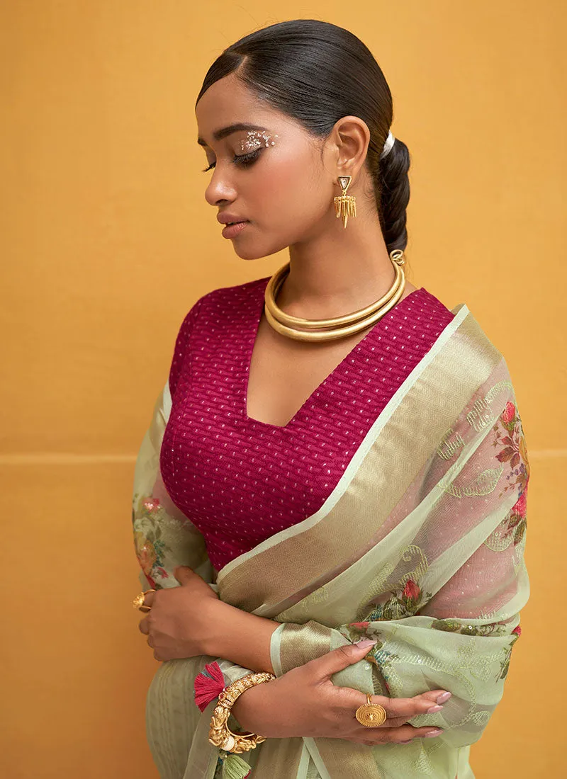Green And Pink Floral Organza Silk Saree With Sequence Embroidered Blouse