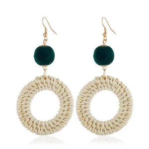 Green Pompom & Rattan Open Circle Drop Earrings