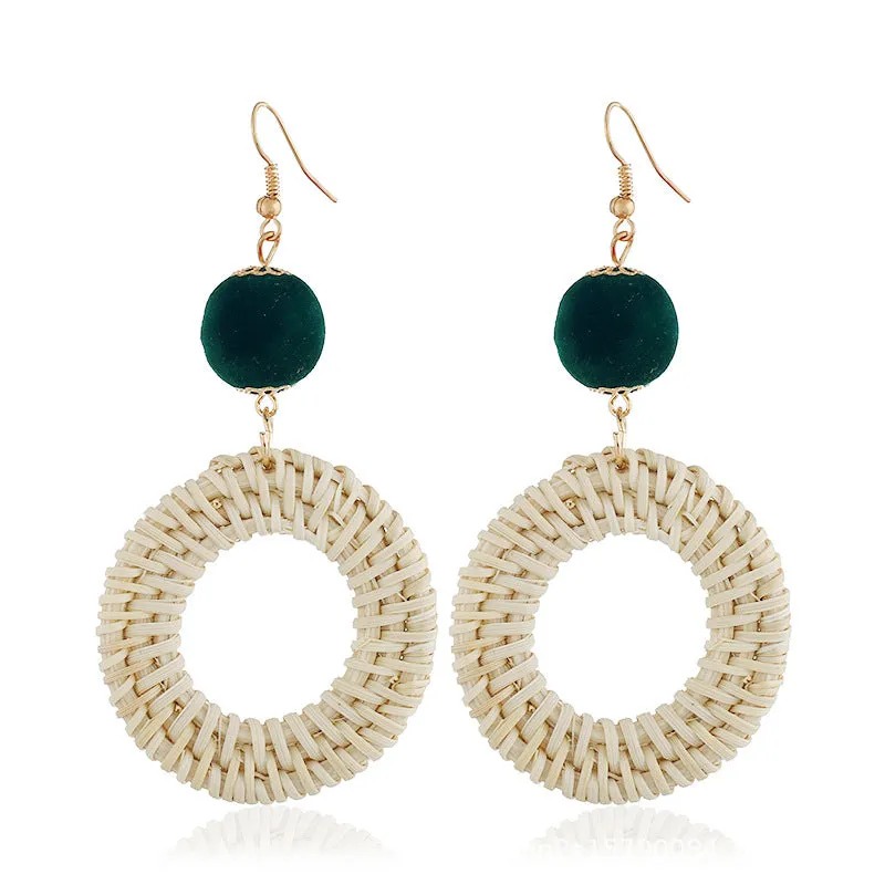 Green Pompom & Rattan Open Circle Drop Earrings