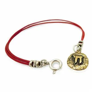 Hadar Designers Yng Leather bracelet brass charm, Ancient Hebrew script Chai (as