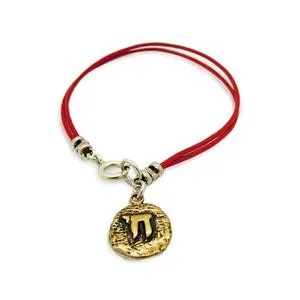 Hadar Designers Yng Leather bracelet brass charm, Ancient Hebrew script Chai (as