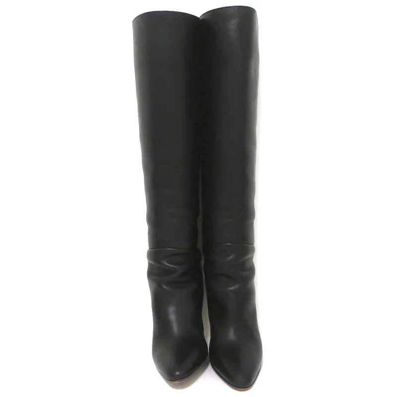 Hermes Knee High Boots Brown-Trimmed Black Leather Size 36 High Heel