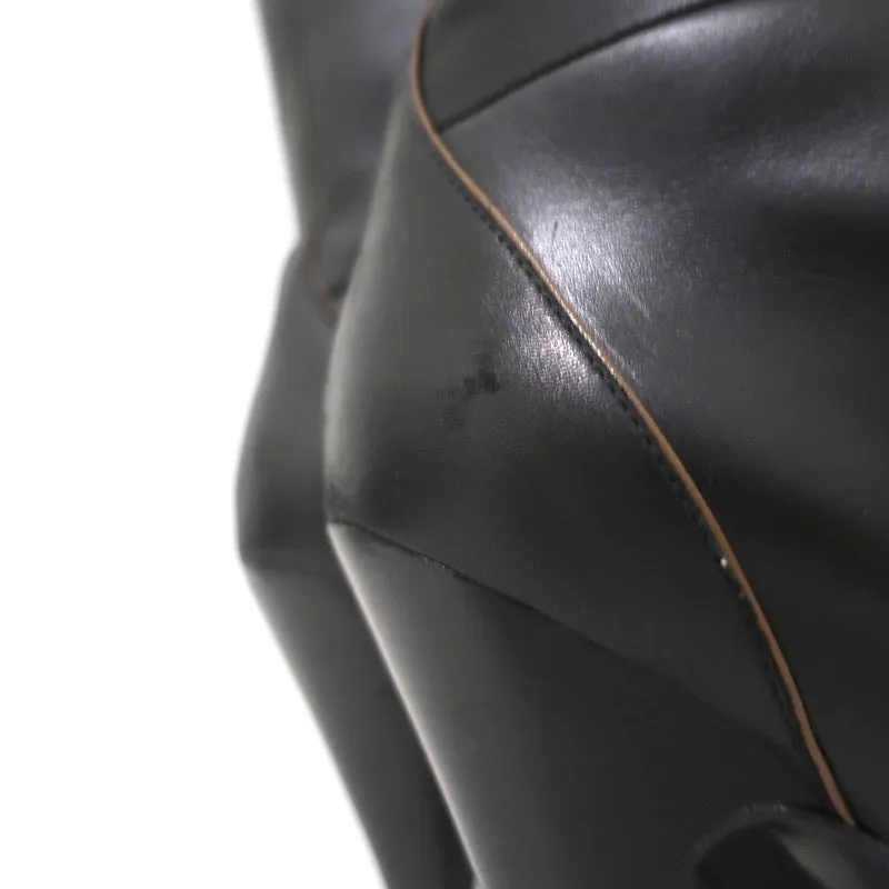 Hermes Knee High Boots Brown-Trimmed Black Leather Size 36 High Heel