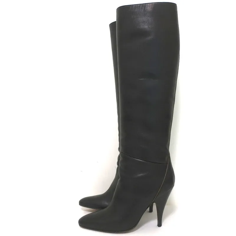 Hermes Knee High Boots Brown-Trimmed Black Leather Size 36 High Heel