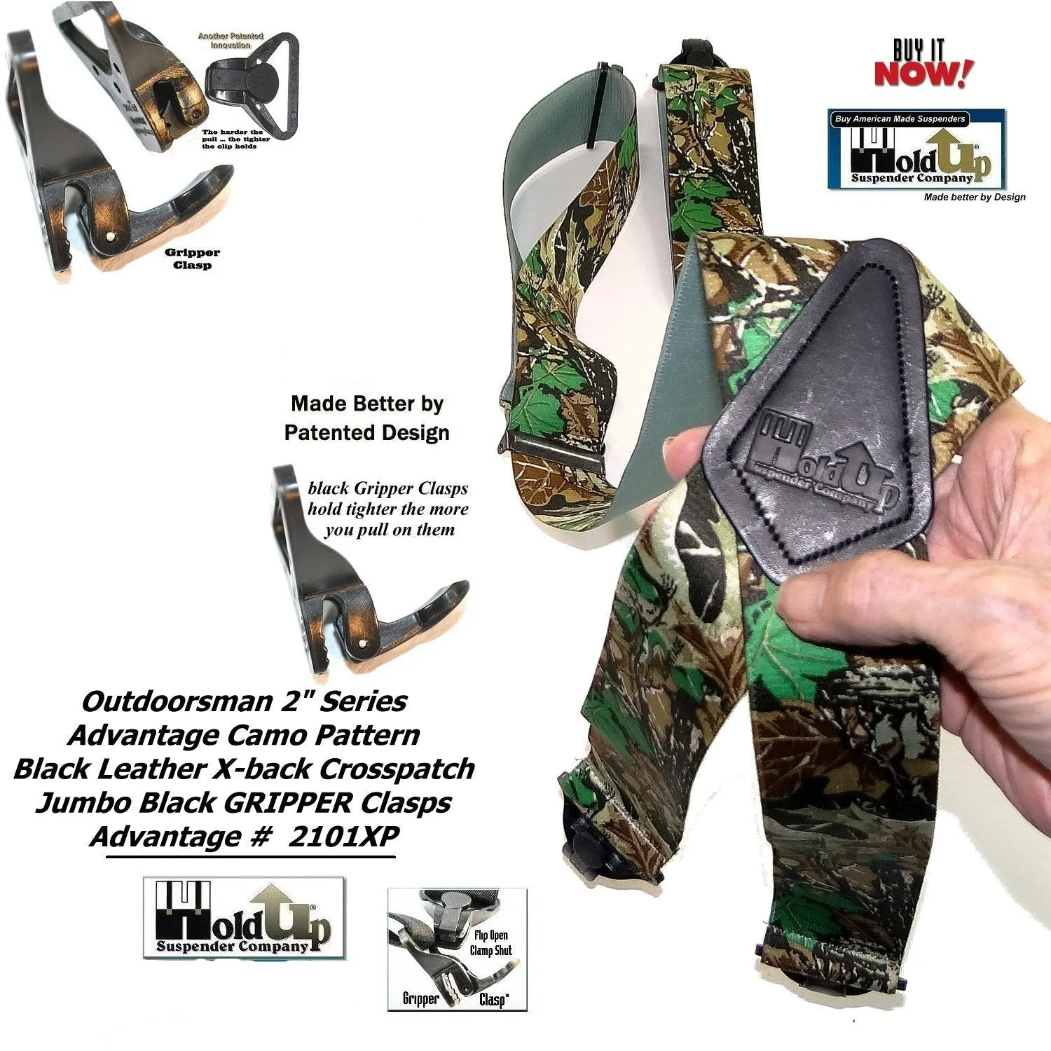 Holdup Suspender Company's Outdoorsman Series Advantage Pattern Camouflage Hunting Suspenders with black USA Patented Gripper Clasps