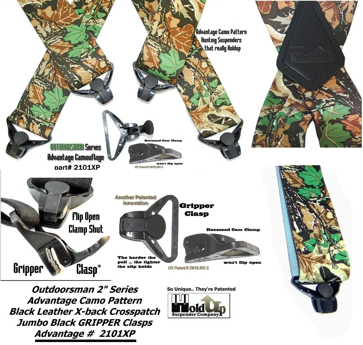 Holdup Suspender Company's Outdoorsman Series Advantage Pattern Camouflage Hunting Suspenders with black USA Patented Gripper Clasps